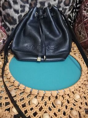 Fossil Black Pebble Leather Bucket CrossBody Drawstring Bag